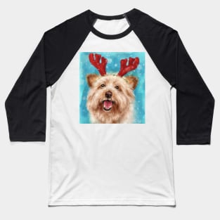 Painting of an Adorable Smiling Yorkshire Terrier with Red Antlers for Christmas Baseball T-Shirt